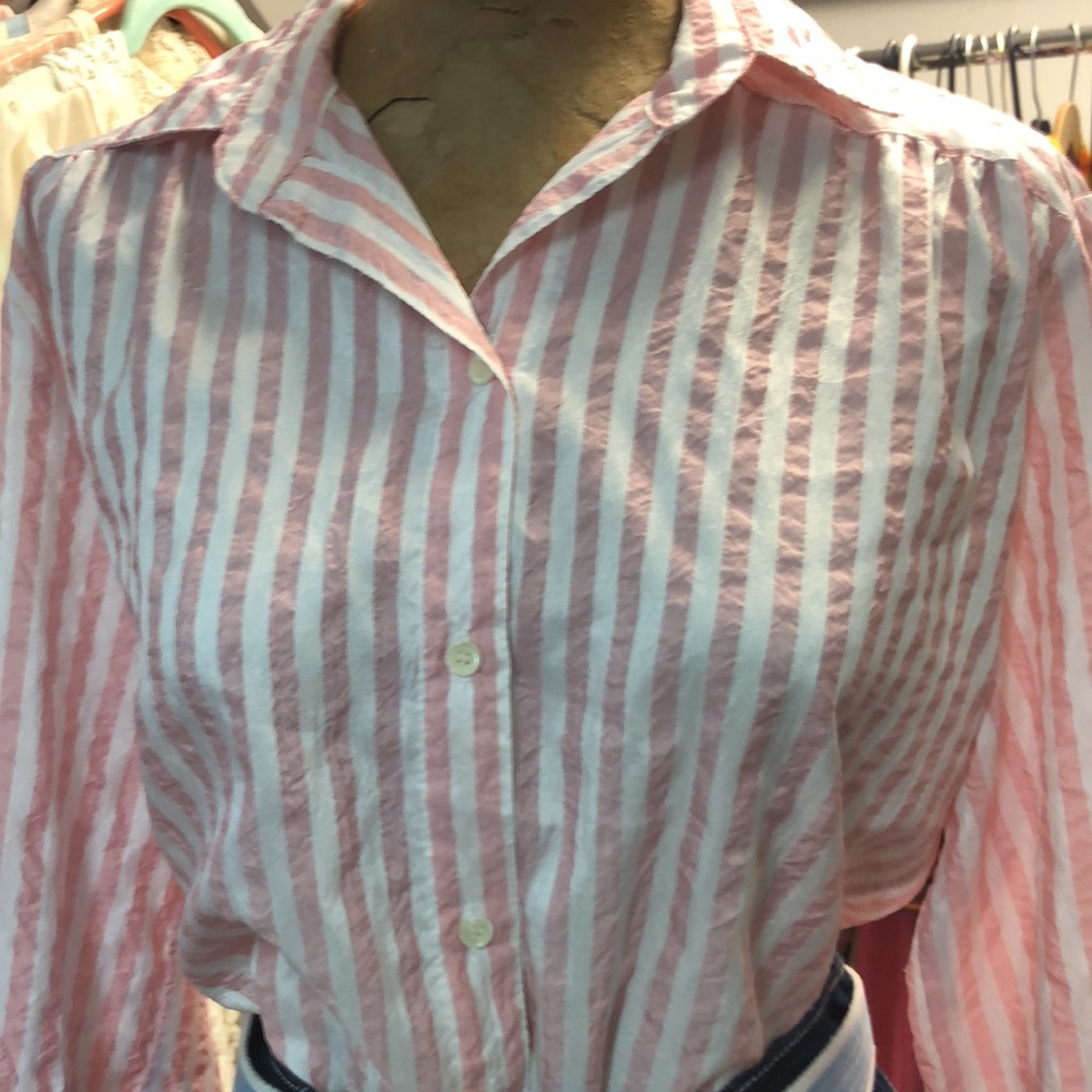 Vintage 80’s -All Hours - pink & white silky polyester top- button down- M - Picture 4 of 8